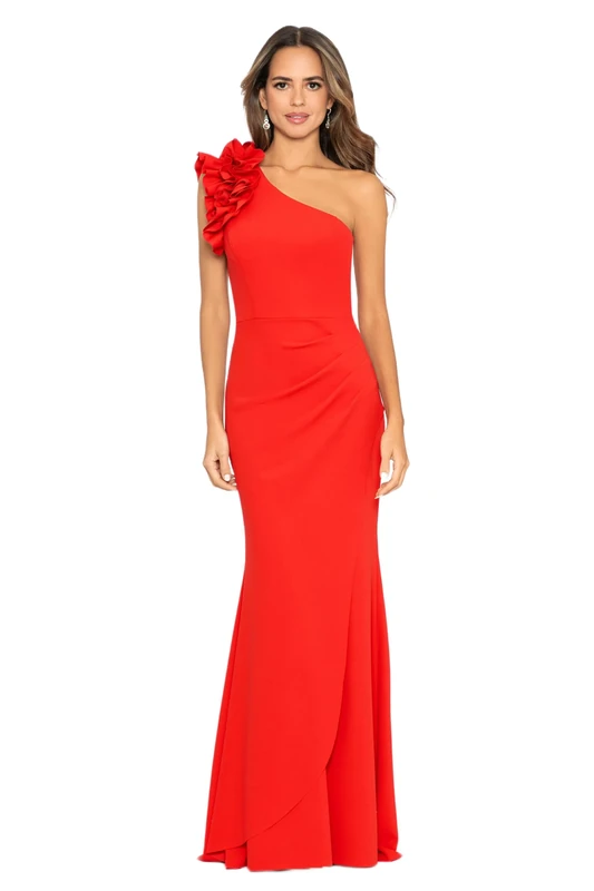 Xscape Women's Long Sleeveless One Shoulder Ruffle Scuba Crepe Dress, Red, 8