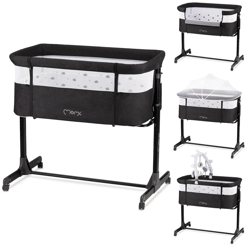 Momi REVO Multifunctional Side and Cot Bed, 6 Levels Height Adjustable from 72 to 82 cm, with Wheels, Includes Mattress, Fastening Straps, Insect Protection and Hanger with Toys