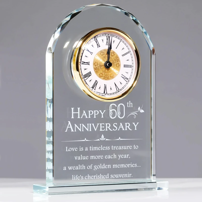 YWHL 60th Anniversary Quartz Clock Gifts for Parents Grandparents, 60 Year Wedding Anniversary Glass Keepsakes Gifts for Couple, Happy 60th Anniversary Party Decorations