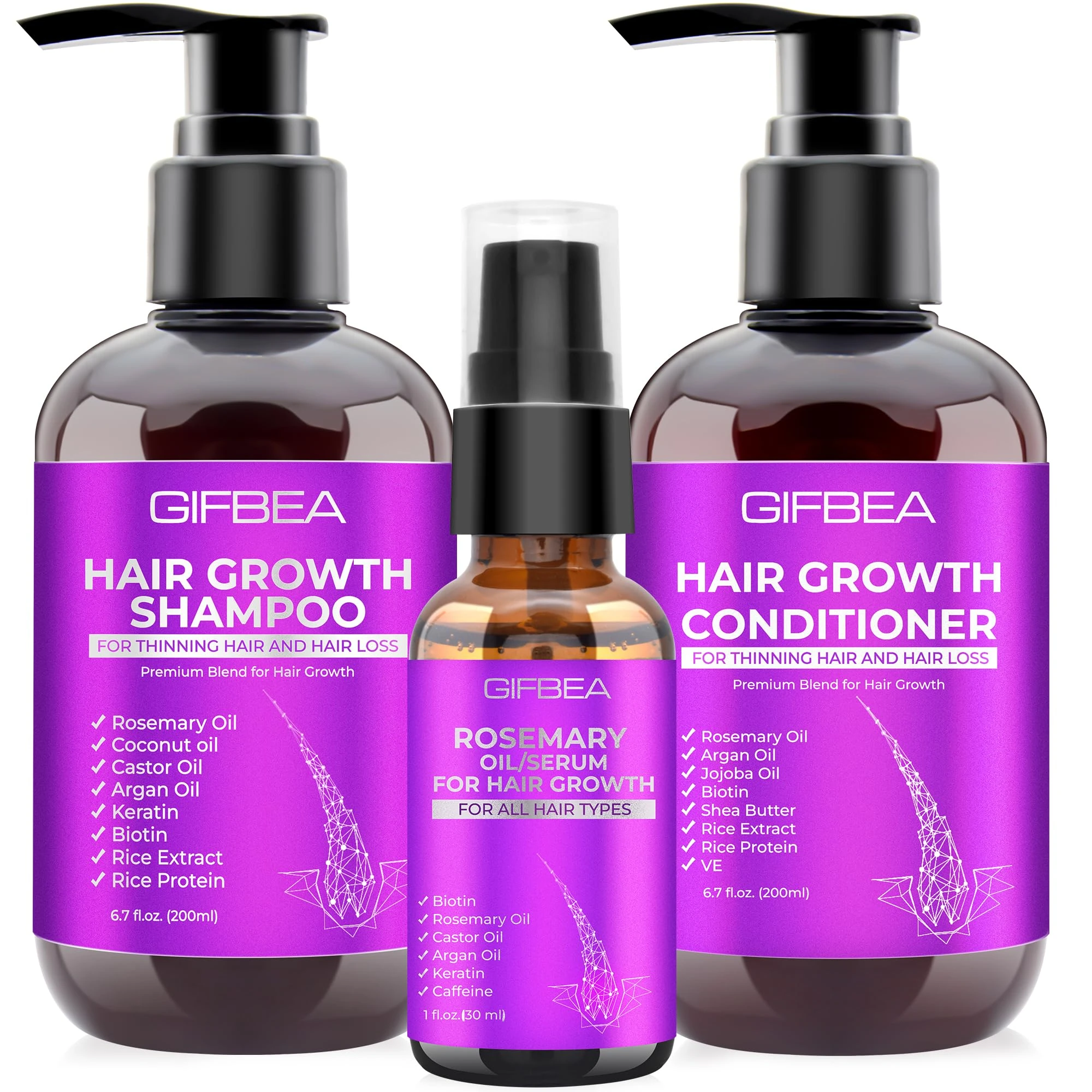 GIFBEA Hair Growth Shampoo and Conditioner Set with Rosemary Oil Serum, Biotin, Argan, Castor, Coconut, Keratin, Rice Water - Hair Loss Treatment, Thickening for Women and Men