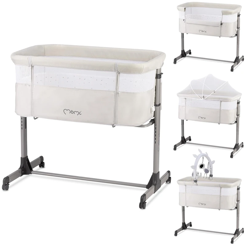 Momi REVO Multifunctional Side and Cot Bed, 6 Levels Height Adjustable from 72 to 82 cm, with Wheels, Includes Mattress, Fastening Straps, Insect Protection and Hanger with Toys