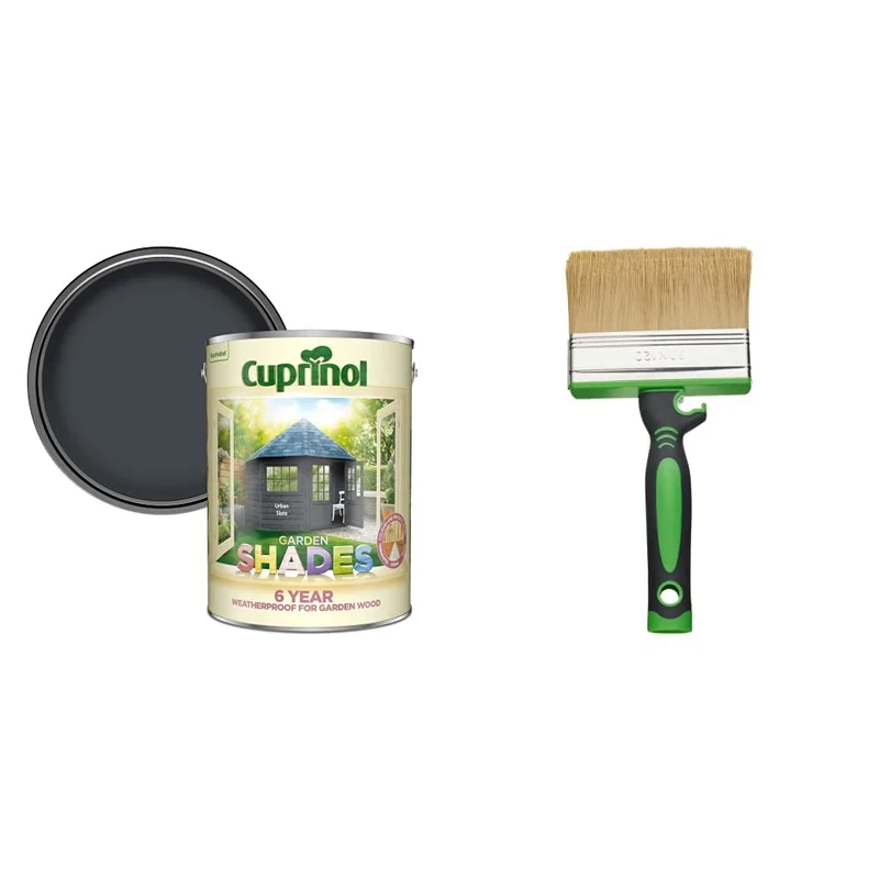 Cuprinol Garden Shades Paint for Gardens - Urban Slate 5L & Fit For The Job 4 inch Large Capacity Shed And Fence Block Brush