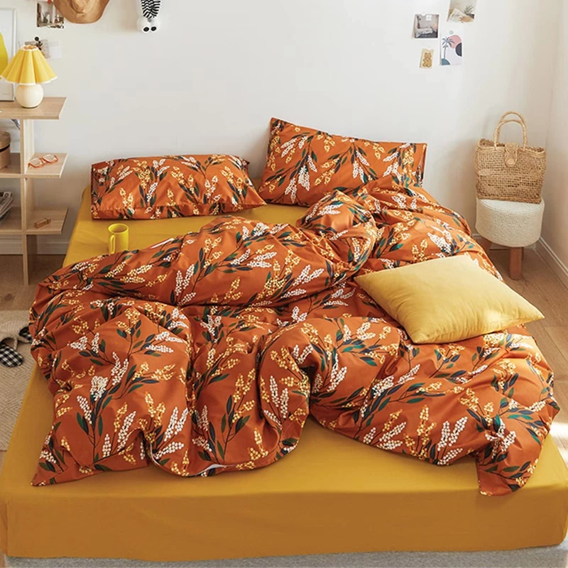 Luxlovery Botanical Floral Comforter Set Queen Orange Bohemian Bedding Comforter Set Women Girls Vintage Style Blanket Quilts Breathable Modern Rustic Leaves Bedding Set Hotel Quality Queen Comforter