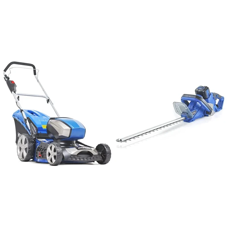 Hyundai 18''/45cm Cordless 80v Lithium-Ion Battery Lawnmower with Battery and Charger & 40v Lithium-ion Battery Hedge Trimmer, Battery and Charger, 520mm Blade, Green
