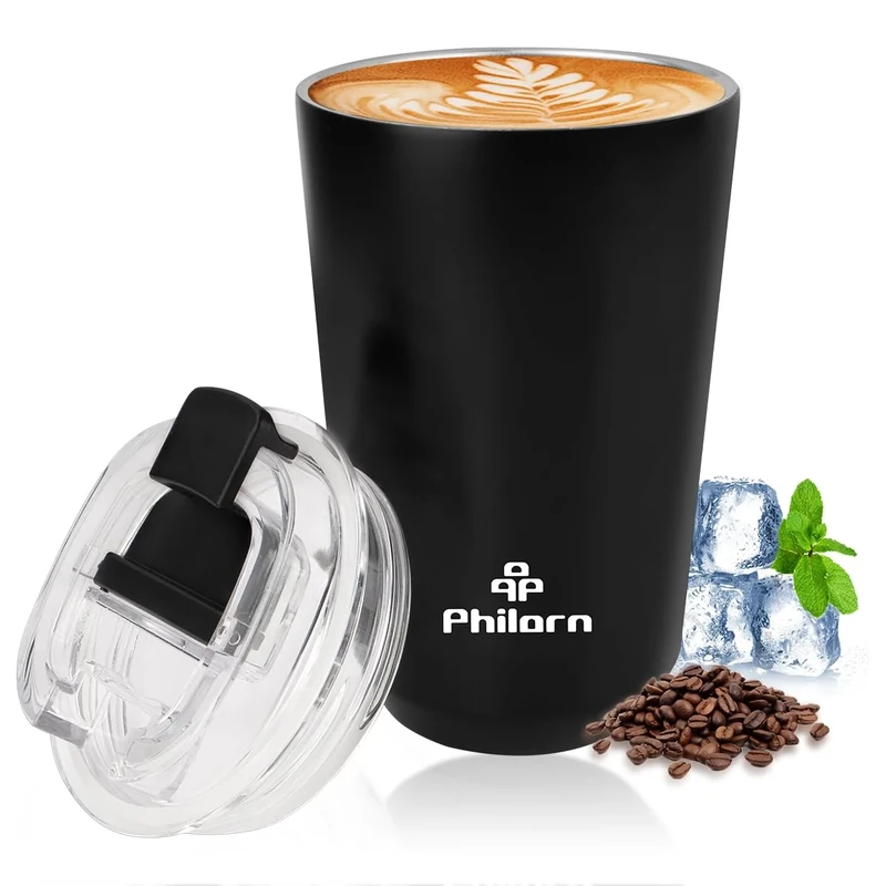Philorn Coffee Cup, 380ml Insulated Travel Mug with Leakproof Lid & Double Wall, Reusable Vacuum Stainless Steel Coffee Mug for Hot and Cold Drinks, Black