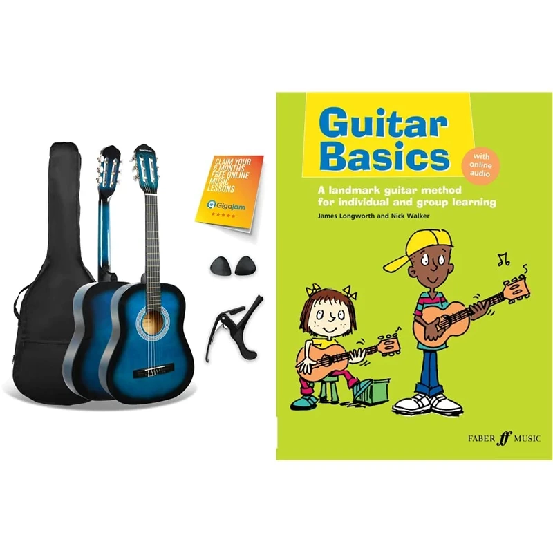 3rd Avenue 3/4 Size Junior Kids Classical Spanish Starter Beginner Pack Acoustic Guitar & Guitar Basics: A Landmark Guitar Method for Individual and Group Learning., Blueburst