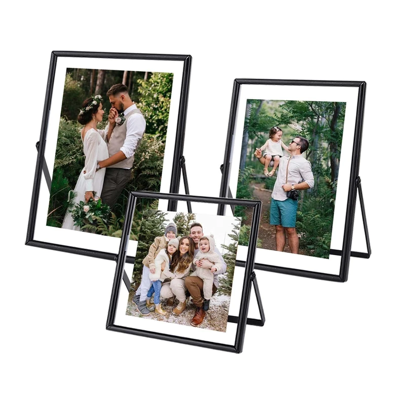 HSAUYU Set of 3 Black Floating Picture Frame, For Photo Sizes (5x7, 4x6, 4x4), Metal Glass Floating Frames Photo Frames - Vertical Tabletop Black Picture Frames, Home Office or Wedding Decoration