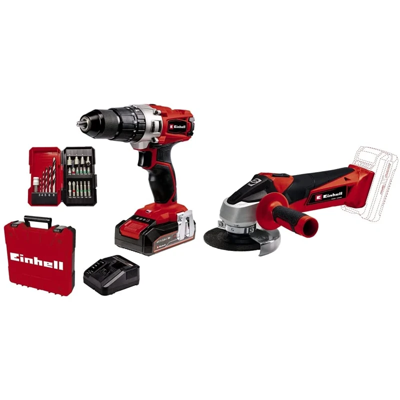 Einhell Power X-Change 44Nm Cordless Drill Driver with Battery and Charger - 18V & Power X-Change 18V Cordless Angle Grinder - 115mm (4 Inch) Disc Battery Grinder