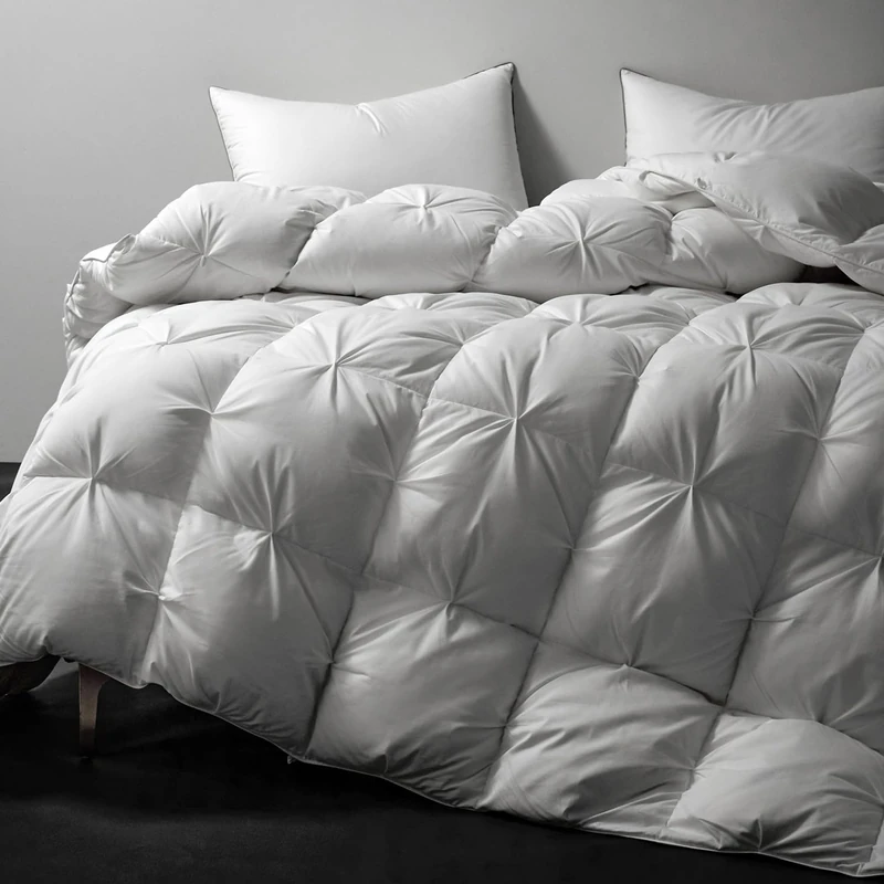 Royoliving Premium Pinch Pleat Feathers Down Comforter Queen Size White 100% Cotton Cover Full Size All Season Duvet Insert with Corner Tabs (90x90, 60 oz) - Image 1