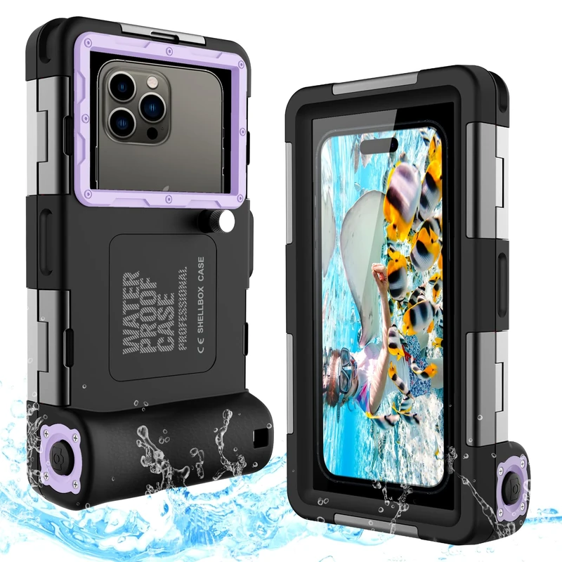 Underwater Diving Phone Case for Snorkeling,Professional 50FT/15M Waterproof for iPhone 16/15/14/13/12/11/XR/XS/X Pro Max Samsung Galaxy S24 Universal Photo&Video Scuba Dive Housing Case-Purple Black