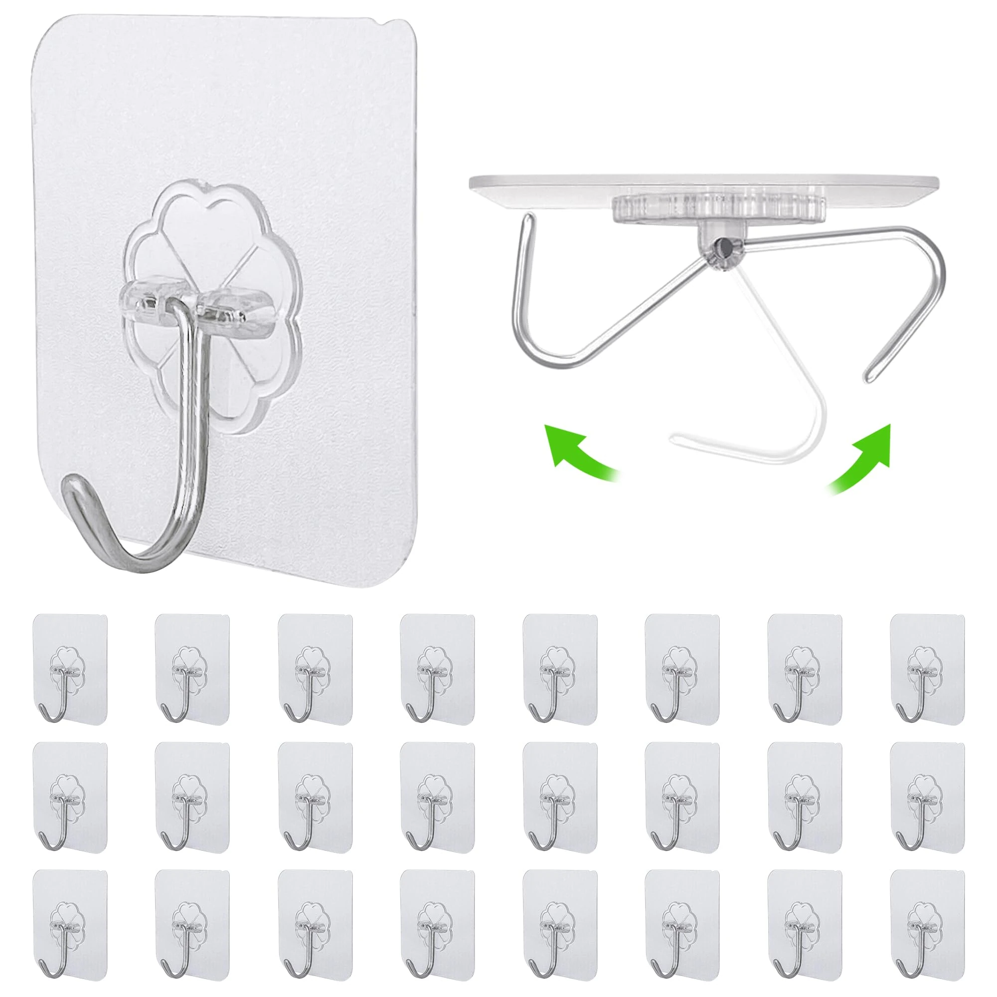 Relazoom 24 PCS Self Adhesive Hooks - 15kg/33lb Max, Transparent Sticky Hooks for Hanging, Heavy Duty Wall Hooks Stick on for Hanging Coat, Towel, Picture, Keys, Wreath - Christmas Light Hooks