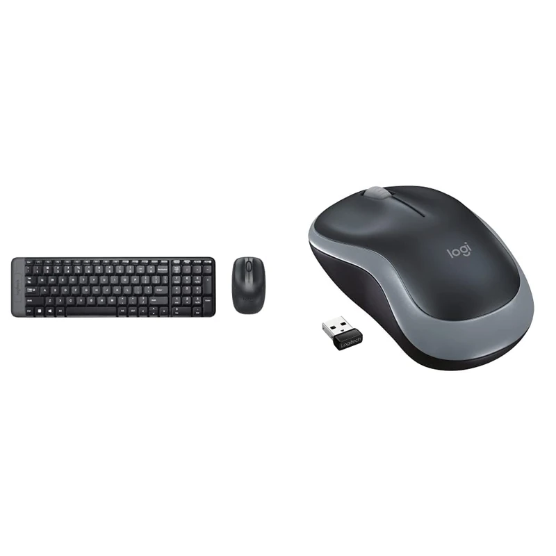Logitech MK220 Compact Wireless Keyboard and Mouse Combo for Windows - 2.4GHz Wireless, Black & M185 Mouse, 2.4GHz, 12-Month Battery Life, 1000 DPI Grey