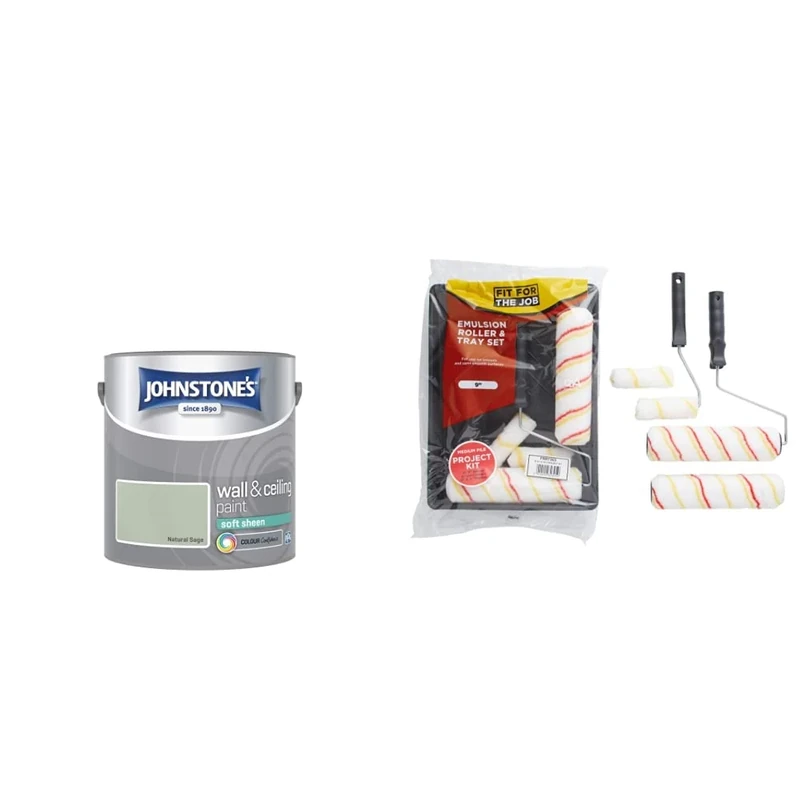 Johnstone's Natural Sage 2.5L Soft Sheen Emulsion Paint & Fit For The Job FRRT003 7 Piece Emulsion Paint Roller Set, 2x 9 Inch & 2x Mini Rollers