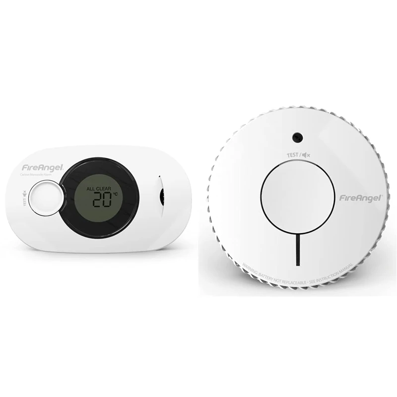 Fireangel FA3322 Digital CO Alarm with 10 Year Sealed For Life Battery & Optical Smoke Alarm with 10 Year Sealed For Life Battery, FA6620-R, White