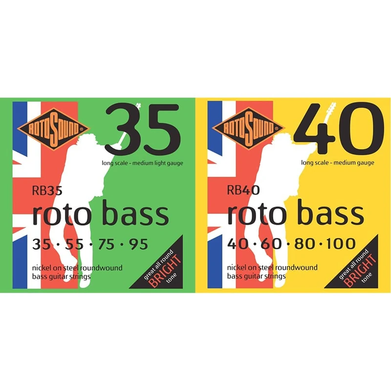 Rotosound RB35 Nickel Medium Light Gauge Roundwound Bass Strings (35 55 75 95) & Nickel Medium Gauge Roundwound Bass Strings (40 60 80 100), RB40,White Black Red Blue