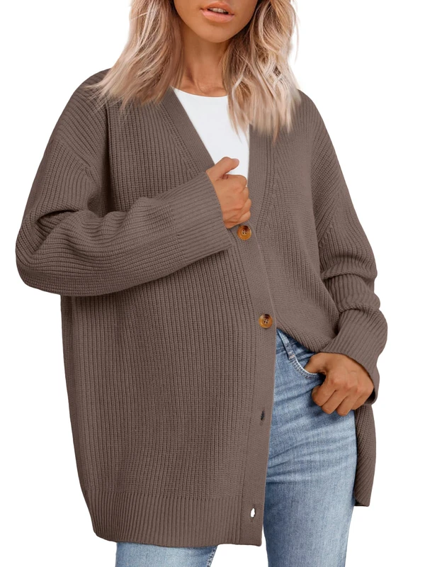 LILLUSORY Women Oversized Cardigan Sweater 2025 Fall Outfits Cloth Fashion V Neck Knit Button Front Casual Trendy Tops, Nutmeg, M