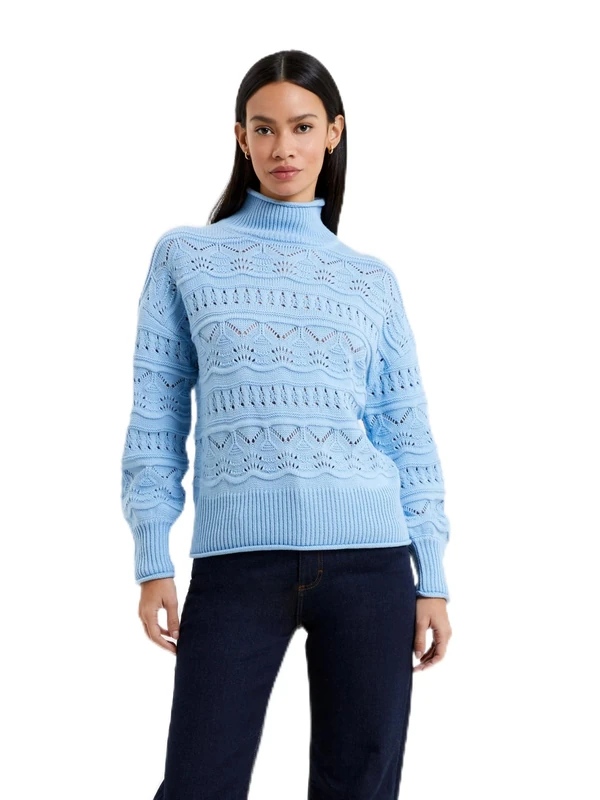 French Connection Women's LINNEY Stitch LS HIGH NK JUMPR Sweater, Placid Blue, Medium