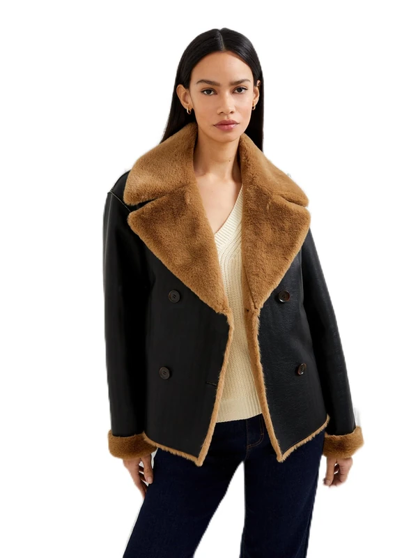 French Connection Women's Cerys PU Faux Fur Jacket, Blackout/Tobacco BRW, XS