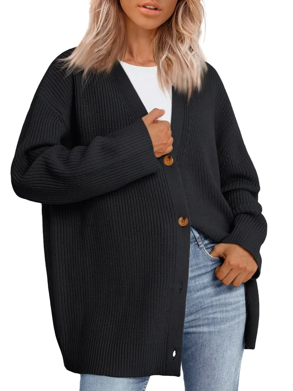LILLUSORY Women Oversized Cardigan Sweater 2025 Fall Outfits Cloth Fashion V Neck Knit Button Front Casual Trendy Tops, Black, M