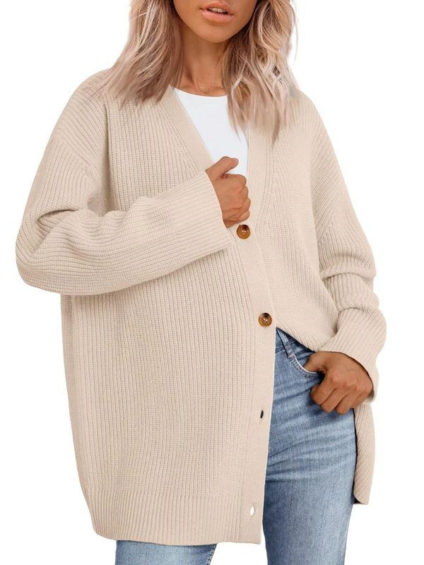LILLUSORY Oversized Cardigan for Women Autumn 2025 Outfits Fashion Clothes V Neck Button Front Casual Tops, Apricot, M