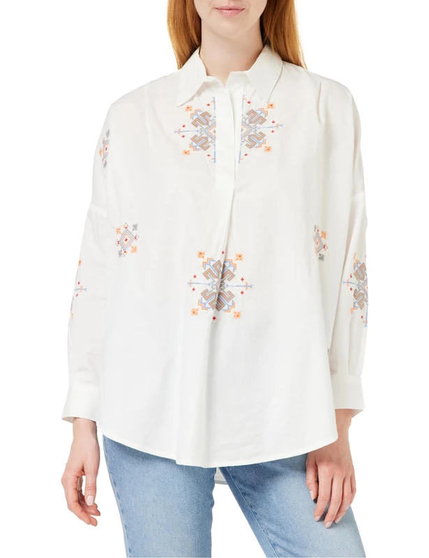French Connection Women's Embroidered Rhodes Popover Button Down Shirt, Linen White, M - Image 1