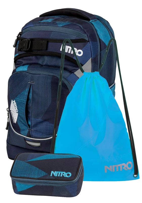 Nitro Superhero School Backpack Set, Backpack, Removable Waist Belt, Robust Base Plate, Thermal Bag, Laptop Compartment, Sports Bag or Sports Bag & Pencil Case, Fragments Blue, 30L, Set with Pencil