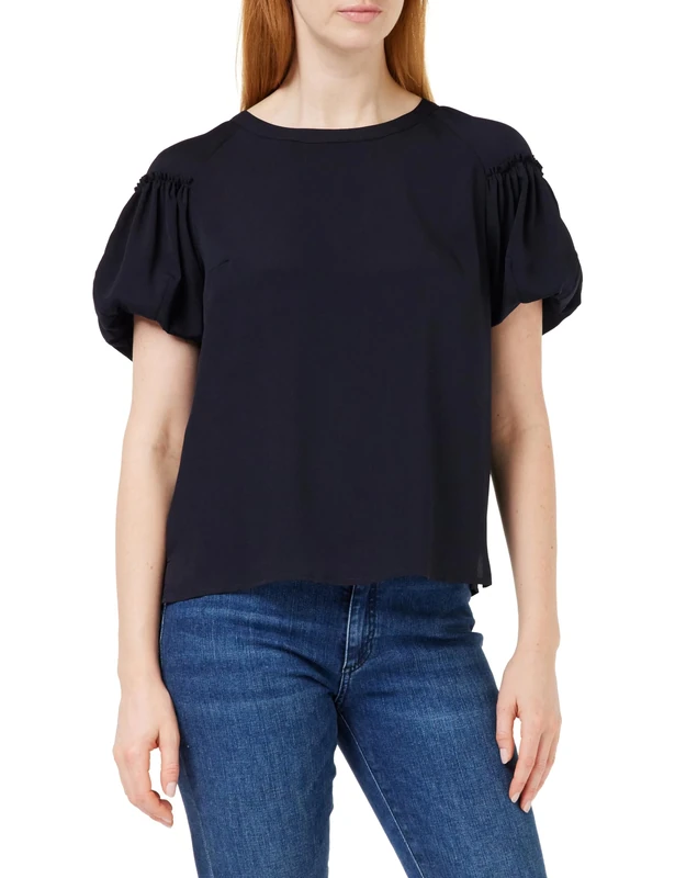 French Connection Women's Crepe Light Puff Sleeve TOP Blouse, Utility Blue, M