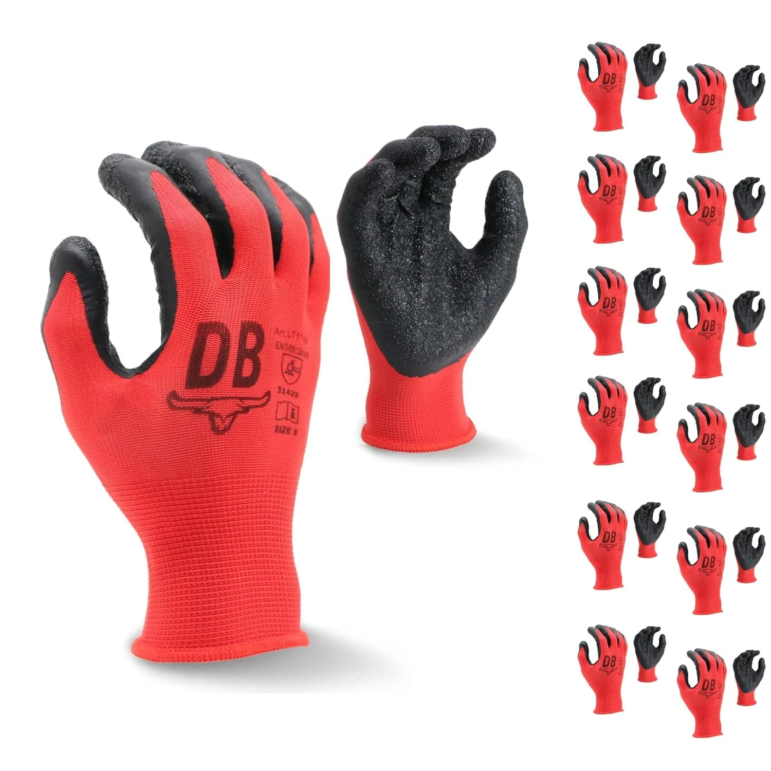 Durabull Latex Coated Work Gloves - Heavy Duty Protective Gloves For Builders, Garden & Working. Secure Fit With Anti Slip Grip. (Red, 9 (L))