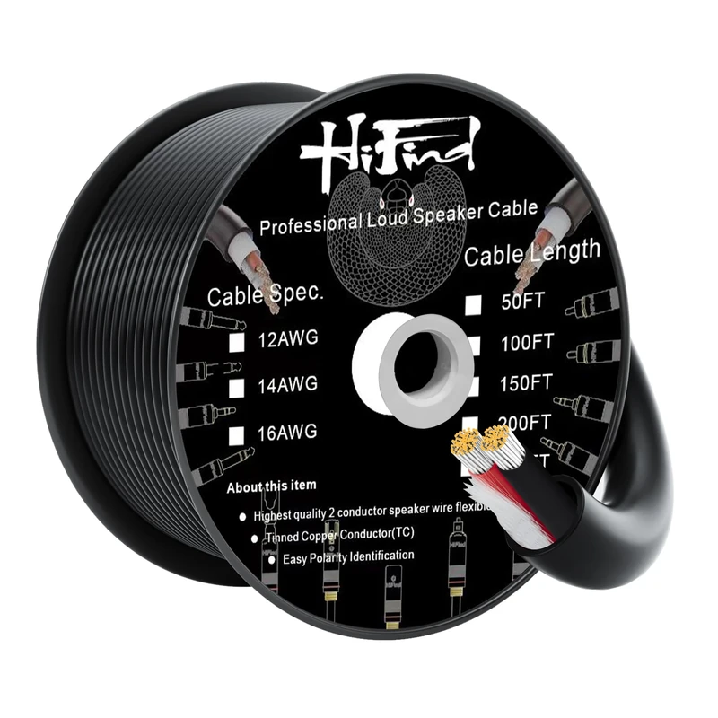 HiFind 12/2 Speaker Wire Cable 100 Ft 12 Gauge- Tinned OFC Copper- UL CL3 Rated-Indoor & Outdoor- Pro Series 12 AWG 2 Conductors- UV PVC Jacket& Cotton, Hi-Fi Sound for Home Car Speakers-Black
