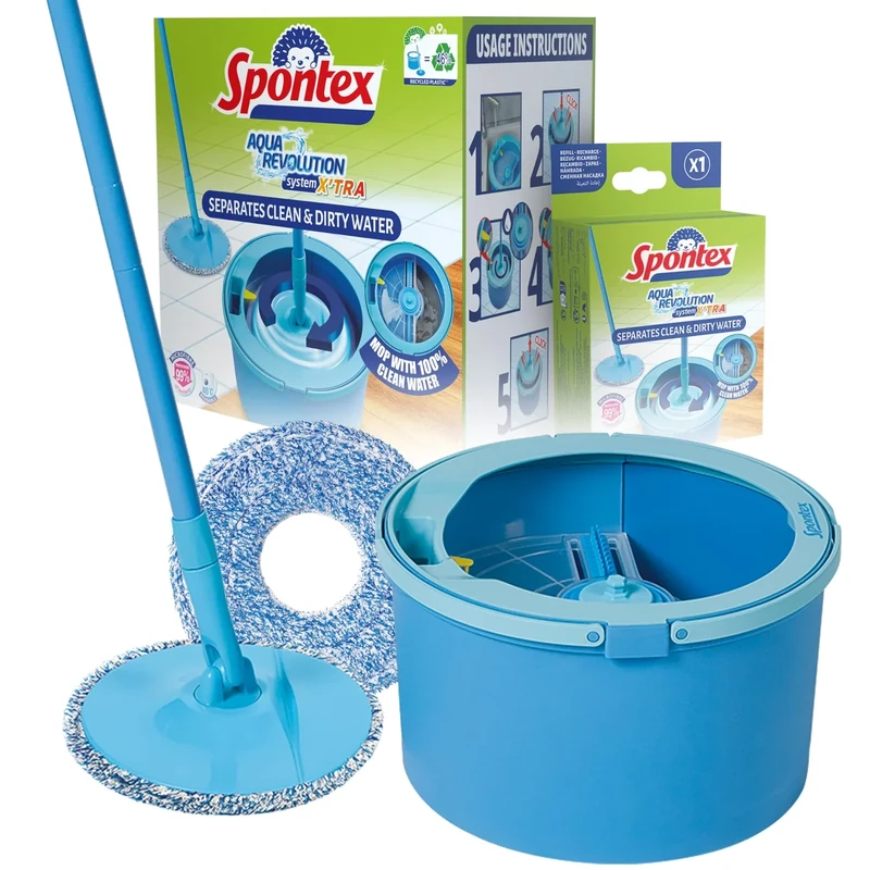 Spontex Aqua Revolution System X'tra Floor Mop and Bucket Set with Free Refill | Separates Clean & Dirty Water | Cleans Laminate, Wood & Tile Flooring | Flat Spin Mop with Microfibre Refills