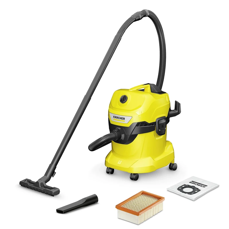 Bundle of Kärcher WD 4 16282030, Wet and Dry Vacuum Cleaner, Yellow, 1000 W, 20 litres + Kärcher Original Flat Pleated Filter KFI 4410: 1 piece, flat pleated filter in patented filter box