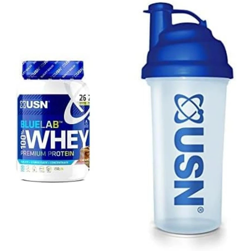 Bundle of USN Blue Lab Whey Protein Powder 908g, Caramel Chocolate Flavour + USN Protein Shaker, 700 ml - Image 1
