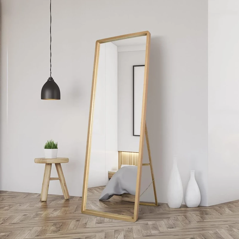 MirrorOutlet The Naturalis - Solid Oak Rounded Corners Modern Full Length Cheval Mirror 67" X 23" (170CM X 58CM) 48m deep frame Premium Mirror Glass with Black Backing. Scandinavian Inspired!…