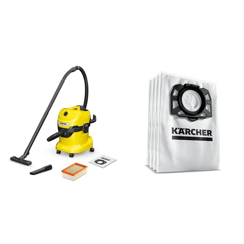 Bundle of Kärcher WD 4 16282030, Wet and Dry Vacuum Cleaner, Yellow, 1000 W, 20 litres + Kärcher Original Fleece Filter Bag KFI 487: 4 pieces