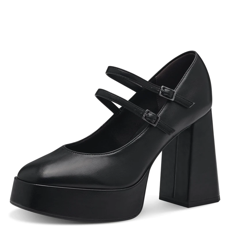 Tamaris Women's Vegan Block Heel Strappy Pumps, Black Matte, 6.5 UK