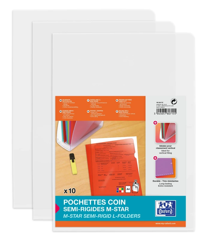 OXFORD Pack of 100 Corner-Opening Pockets M Star A4 Smooth PVC Thickness 15/100 Colourless