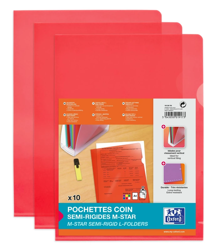 OXFORD Pack of 100 Corner-Opening Pockets M Star A4 Smooth PVC Thickness 15/100 Red