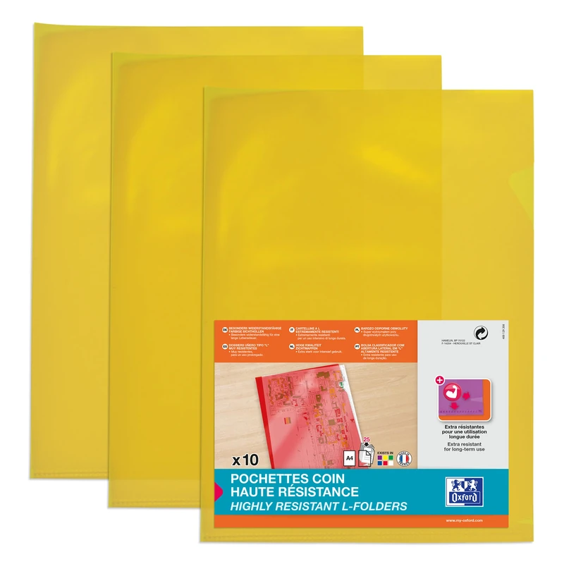 OXFORD Pack of 100 High Resistance A4 PVC Smooth Corner Pockets - Thickness 15/100 - Yellow
