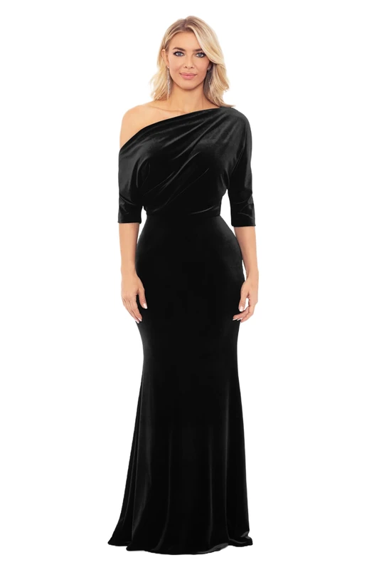Betsy & Adam Women's Long Stretch Velvet One Off Shoulder Asymmetric Sleeve Gown Special Occasion Dress, Black, 18