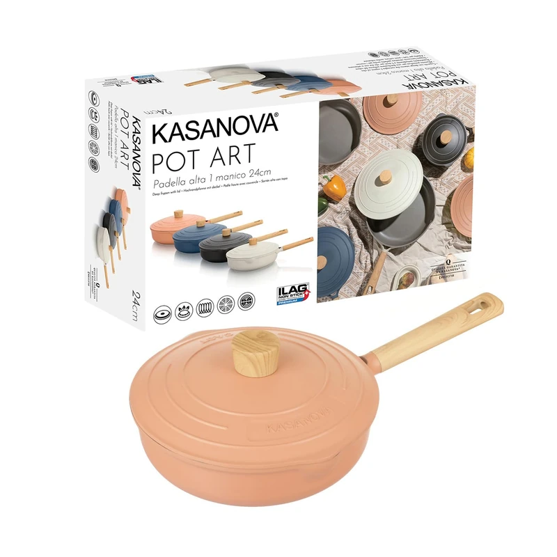 KASANOVA 24 cm High Frying Pan with Lid Pot Art Pink