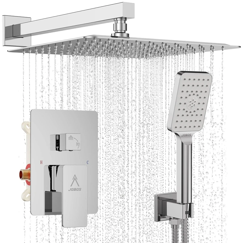 Shower System Modern Rain 12 inches Brass Shower Faucet Set with Valve and Diverter Shower Mixer with Handheld High Pressure Square Rainfall Shower Rough-in Valve (12‘’, Chrome Polished)