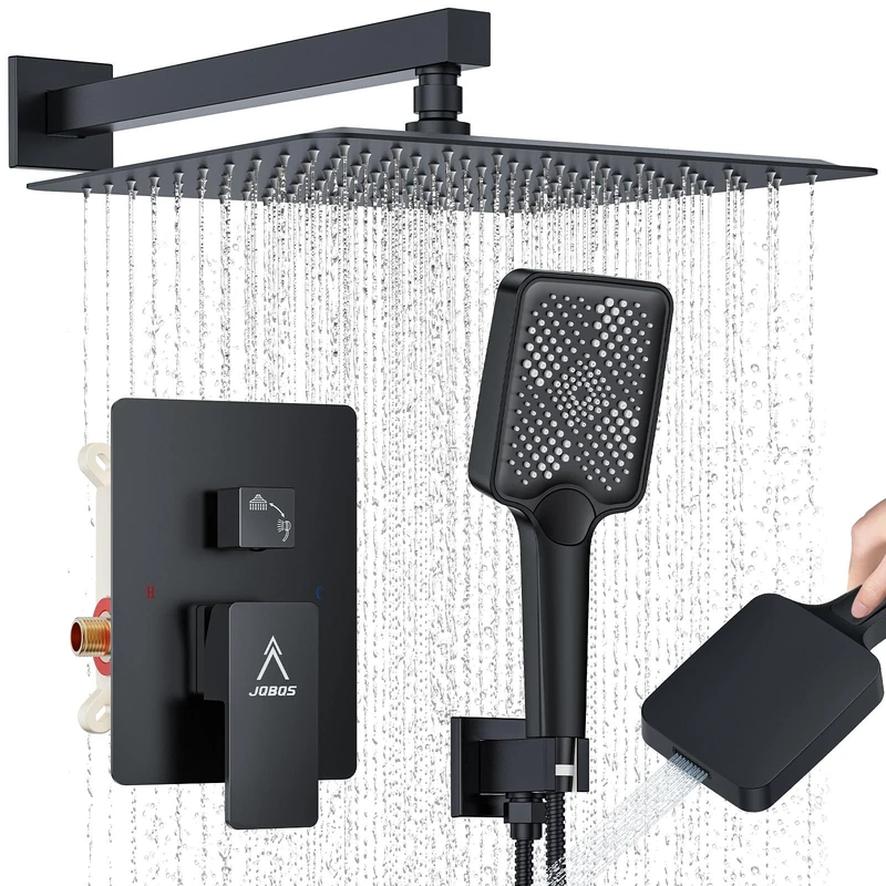 JQBQS Shower System 12 Inch Brass Shower Faucet Set with Bypass Shower Mixer and High Pressure Square Hand (12 in, Matte Black)