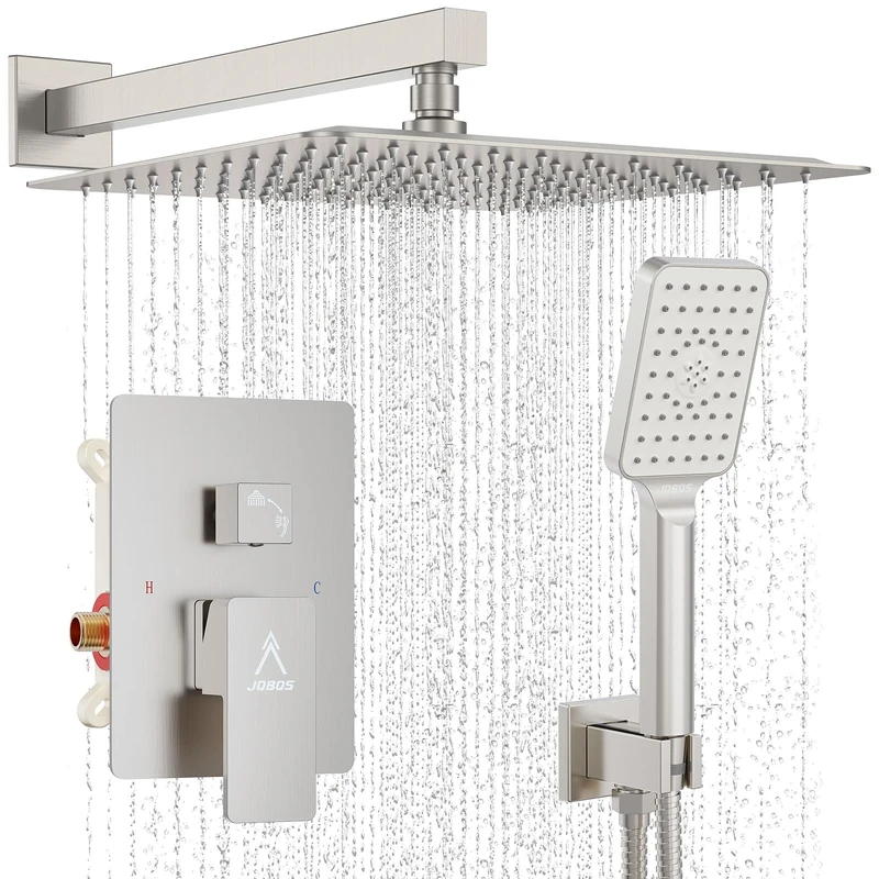 Shower System Modern Rain 12 inches Brass Shower Faucet Set with Valve and Diverter Shower Mixer with Handheld High Pressure Square Rainfall Shower Rough-in Valve (12‘’, Brushed Nickel)