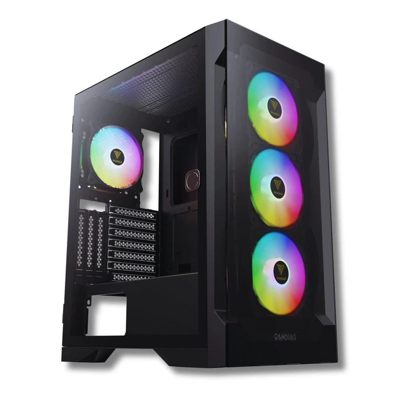 GAMDIAS ATX Mid Tower Gaming Case with 3 x 120mm ARGB Computer Fans and Side Tempered Glass Panel Desktop PC Chassis with Swing Door