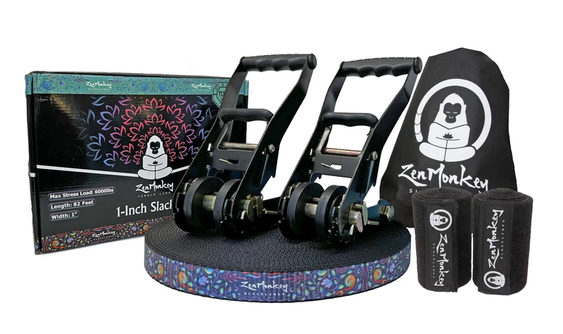 ZenMonkey 1" Slackline Kit with Dual Ratchet System, Two-Tone Webbing, Tree Protectors and Carry Bag
