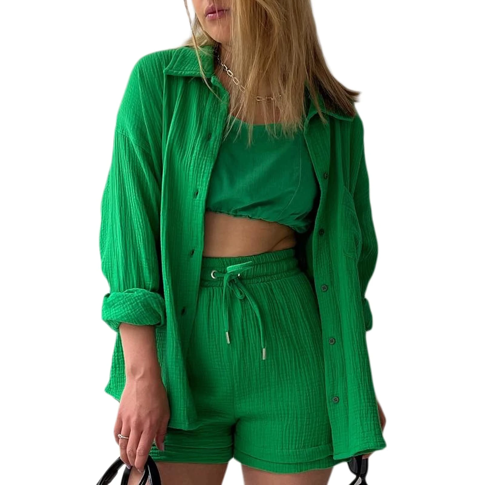 Geagodelia Women's 2 Pieces Outfit Summer Ladies Co Ord Set Button Down Shirt Top + Shorts Y2k Aesthetic Clothes Loungewear Streetwear Workout (A - Green, S)