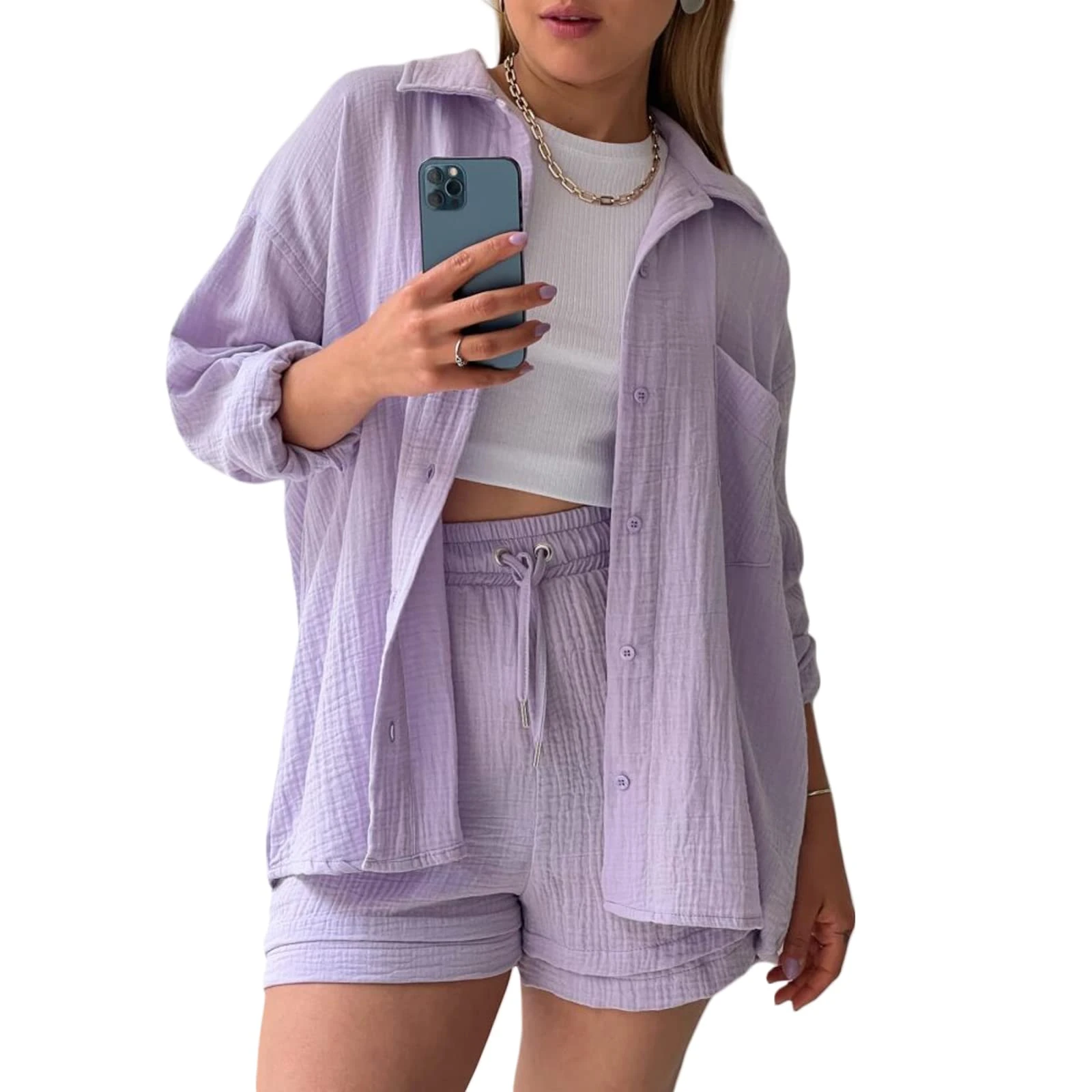 Geagodelia Women's 2 Pieces Outfit Summer Ladies Co Ord Set Button Down Shirt Top + Shorts Y2k Aesthetic Clothes Loungewear Streetwear Workout (A - Violet, M)