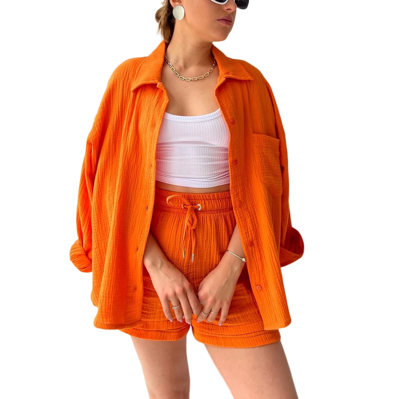 Geagodelia Women's 2 Pieces Outfit Summer Ladies Co Ord Set Button Down Shirt Top + Shorts Y2k Aesthetic Clothes Loungewear Streetwear Workout (A - Orange, M)