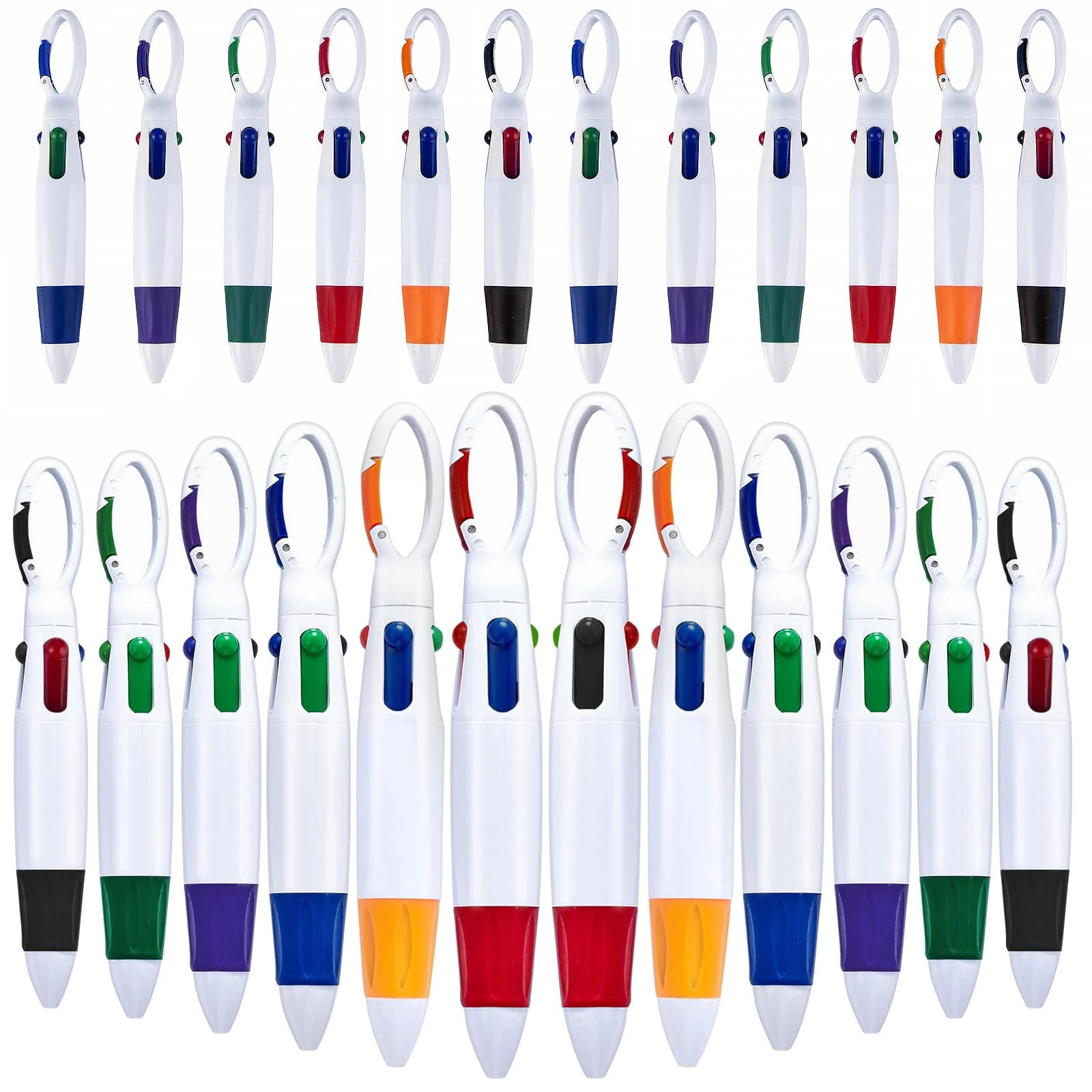 Joyseedi 24Pcs 4 Colour Pens All in One with Buckle Keychain, Retractable Shuttle Pens Multicolor Ballpoint Pens, 4-in-1 Lanyard Multicoloured Pen for Office School Supplies Students