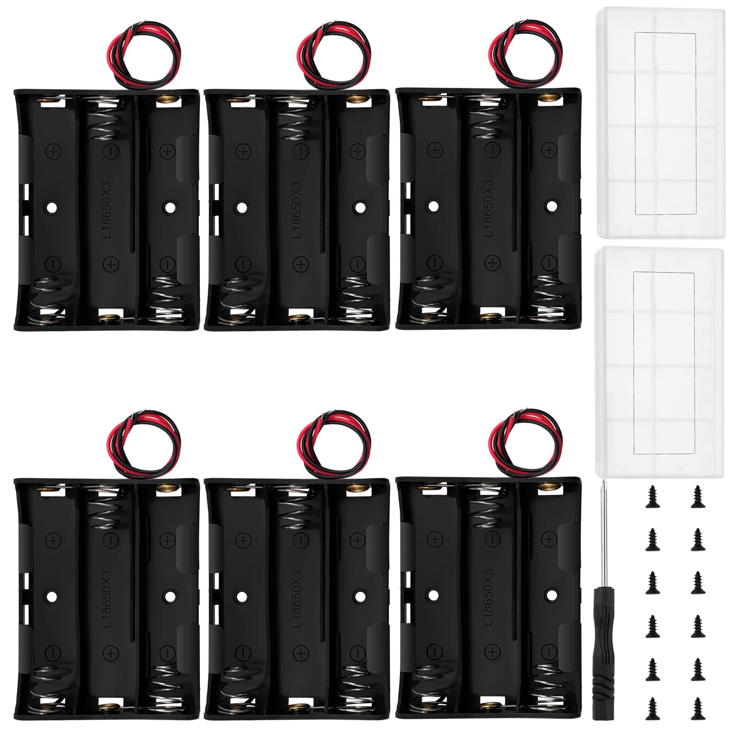 6 PCS 18650 Battery Holder, KUOQIY 3 x 3.7V Battery Holder Case with Wire Leads, with 2 PCS Plastic Battery Storage Box & Screwdrivers & Screws
